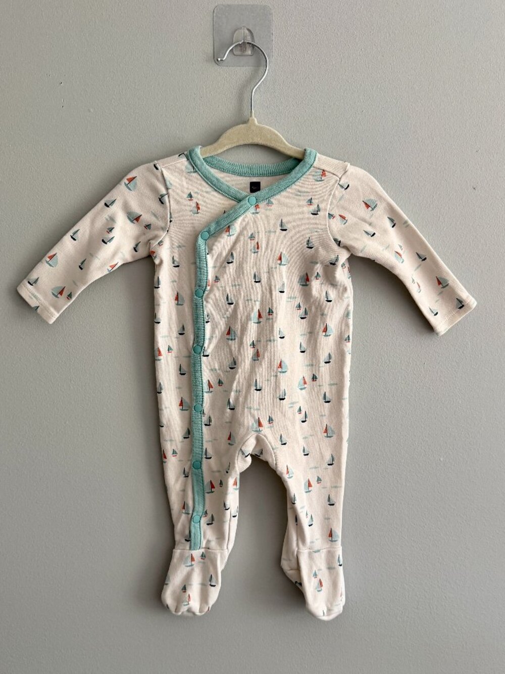 Tea Collection Wrapover Teal Sailboat Cotton Footed Sleeper 0-3M